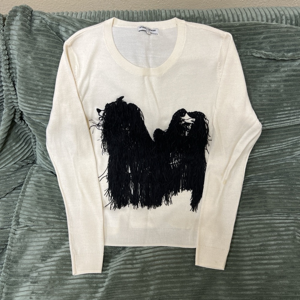 Opening Ceremony Ivory Crewneck Sweater with Black Fringe Appliqué